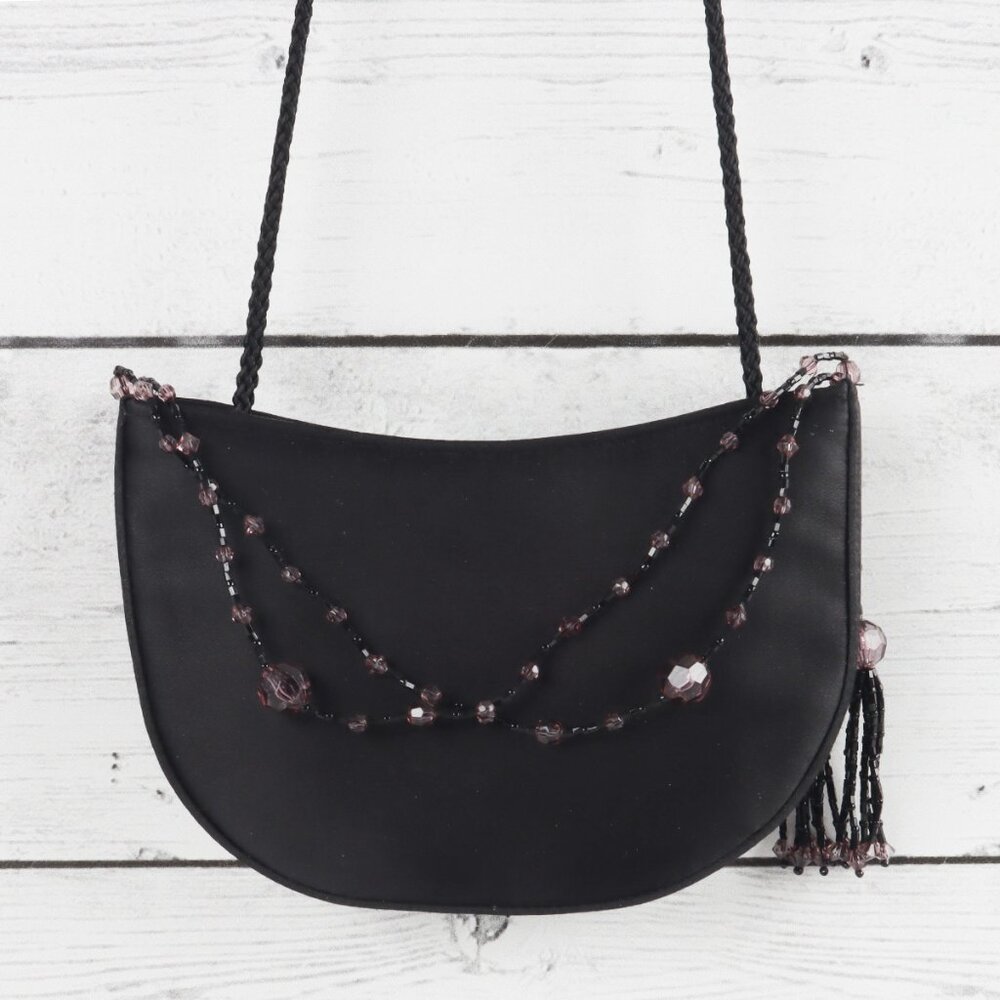 La Regale Black Satin Mini Crossbody or Clutch Bag Beaded Tassels Button Closure - Picture 2 of 8